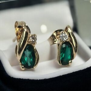 10K Yellow Gold Oval Green Emerald With Diamond Accent Earrings